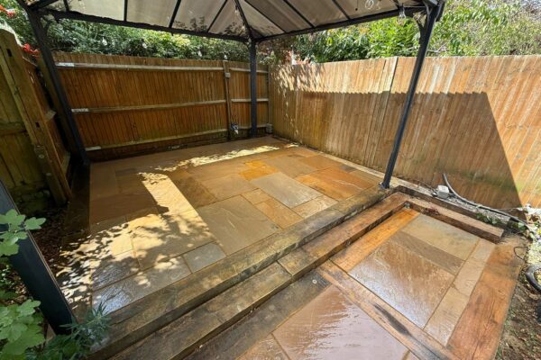 riven buff patio laid in st albans, hertfordshire